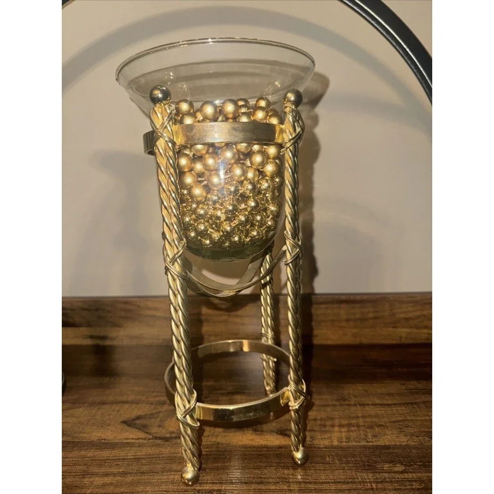 Vtg Brass Candle Stand Holder Twisted Rope Design with Glass Bowl 11